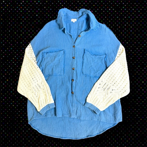 POL Tops - POL Blue Raw Edge Textured Shirt